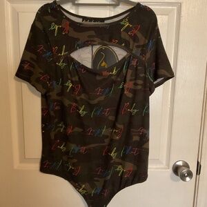 NWT Baby Phat Short Sleeve Peek-A-Boo Front Neon Camo Bodysuit